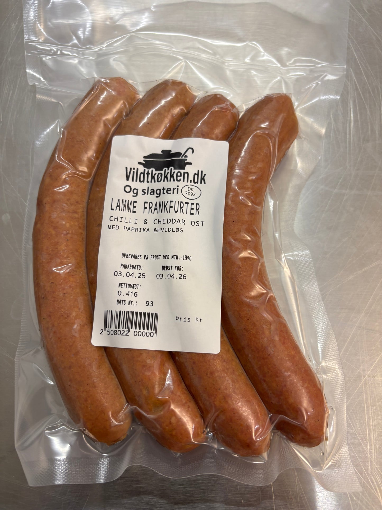 Lamme Frankfurter m. Chilli og Cheddar ost. 4. Stk. Ca 398-410g Pr.Pakke.